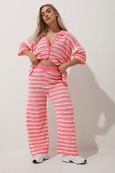LIMITED COLLECTION Plus Size Pink & White Stripe Crochet Wide Leg Trousers | Yours Clothing 3