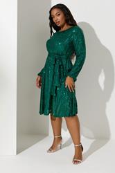 YOURS LONDON Plus Size Green Sequin Skater Midi Dress | Yours Clothing 1