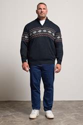 D555 Big & Tall Navy Blue Fairisle Quarter Zip Knitted Jumper | BadRhino 1