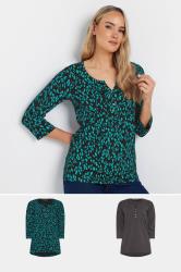 LTS Tall 2 PACK Teal Blue & Grey Cotton Henley Tops | Long Tall Sally 1