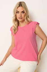 YOURS Plus Size Coral Pink Broderie Anglaise Frill Vest Top | Yours Clothing 3