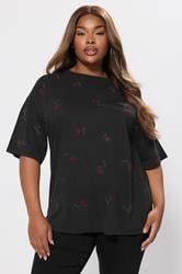 YOURS Plus Size Black Embellished Cherry Oversized T-Shirt | Yours Clothing 3