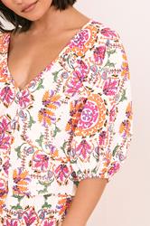 PixieGirl Petite Women's White Abstract Tile Cotton Puff Sleeve Top | PixieGirl 6