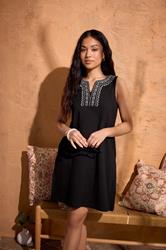 M&Co Petite Black Embroidered Neck Cotton Midi Dress | M&Co 3