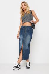 PixieGirl Petite Women's Blue Denim Zip Front Midi Skirt | PixieGirl 3