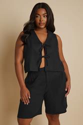 YOURS Plus Size Black Cropped Bow Tie Front Linen Waistcoat | Yours Clothing 3