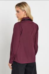PixieGirl Petite Women's Burgundy Red Lace Trim Tie Neck Shirt | PixieGirl 2