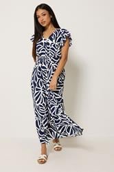 M&Co Petite Navy Blue Abstract Print V-Neck Dress | M&Co 1