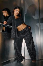 PixieGirl Petite Women's Black Sequin Embellished Wide Leg Trousers | PixieGirl 1