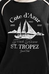 LTS Tall Black 'Cote d'Azur' Slogan Pipe Detail Sweatshirt | Long Tall Sally  5
