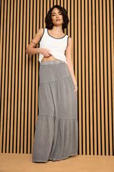 PixieGirl Petite Women's Charcoal Grey Asymmetric Tiered Maxi Skirt | PixieGirl 3