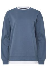 LTS Tall Denim Blue & White Cotton Layered Top