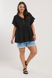 YOURS Plus Size Black Button Frill Sleeve Peplum Top | Yours Clothing 1