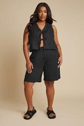 YOURS Plus Size Black Cropped Bow Tie Front Linen Waistcoat | Yours Clothing 1