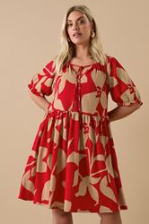 YOURS Plus Size Red Abstract Floral Tie Neck Mini Dress | Yours Clothing 3