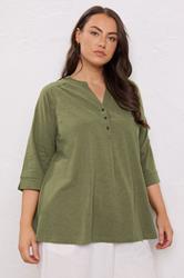 EVANS Plus Size Khaki Green Pleat Front Henley Top | Evans 3