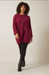 EVANS Plus Size Burgundy Red Stud Longline Jumper | Evans  1