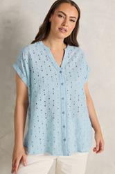 EVANS Plus Size Blue Broderie Short Sleeve Shirt | Evans 1