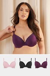 YOURSET 3 PACK Plus Size Purple & Pink Lace Trim Padded T-Shirt Bras | Yours Clothing 1