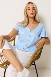 M&Co Blue Floral Print Cotton Frill Sleeve Blouse | M&Co 3