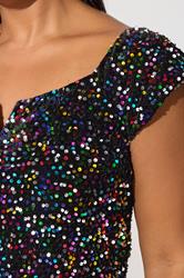 YOURS LONDON Plus Size Black Rainbow Sequin Velvet Bardot Dress | Yours Clothing 4