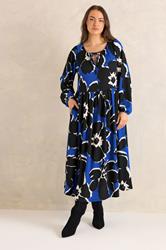 EVANS Plus Size Blue Floral Tie Neck Maxi Dress | Evans 1