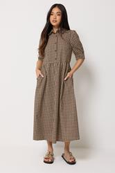 PixieGirl Petite Women's Brown Gingham Print Cotton Shirt Midi Dress | PixieGirl 1