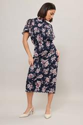 PixieGirl Petite Women's Navy Blue Floral Print Flutter Sleeve Dress | PixieGirl 3