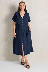 EVANS Plus Size Navy Blue Linen Shirred Waist Midi Dress | Evans 3