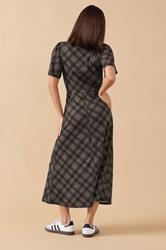 PixieGirl Petite Women's Brown Check Tie Front Midi Dress | PixieGirl 2