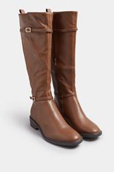 Brown Buckle Stretch Back Knee High Boots In Standard Fit | Yours Clothing 1