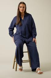 EVANS Plus Size Navy Blue Long Sleeve Premium Linen Shirt | Evans 2