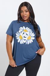 YOURS Plus Size Blue Daisy Embellished Graphic T-Shirt | Yours Clothing 3