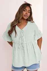 YOURS Plus Size Sage Green Ditsy Floral Tie Front Peplum Top | Yours Clothing 3