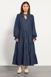 PixieGirl Petite Women's Dark Blue Tie Neck Tiered Cotton Dress | PixieGirl 2