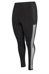 YOURS Curve Black Diamante Mesh Side Stripe Leggings
