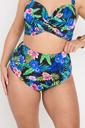 YOURS Plus Size Black Tropical Floral Print High Waisted Bikini Briefs | Yours Clothing 1