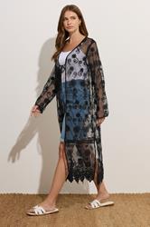 M&Co Black Mesh Embroidered Tie Front Kimono | M&Co 2
