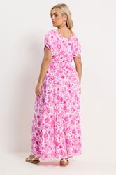 YOURS Plus Size Pink Floral Tie Neck Bardot Maxi Dress | Yours Clothing 2