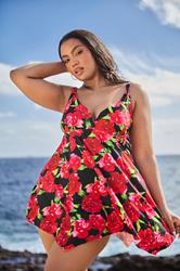 YOURS Plus Size Red Floral Print Hanky Hem Swim Dress | Yours Clothing 3