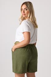 YOURS Plus Size Khaki Green Belted Linen Shorts | Yours Clothing 2