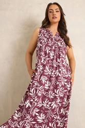 EVANS Plus Size Berry Red Leaf Print Cotton Dress | Evans  1