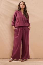 EVANS Plus Size Burgundy Red Broderie Hem Linen Trousers | Evans 1