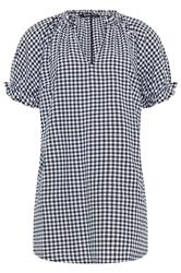 YOURS Curve Navy Blue Gingham Notch Neck Blouse