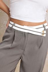 PixieGirl Petite Women's Grey Cross Over Contrast Waistband Trousers | PixieGirl 4