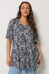 YOURS Plus Size Navy Blue Floral Pleat Front Top | Yours Clothing 3