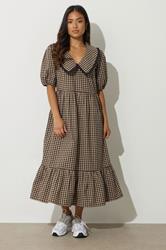 PixieGirl Petite Women's Brown Gingham Big Collar Cotton Maxi Dress | PixieGirl 2