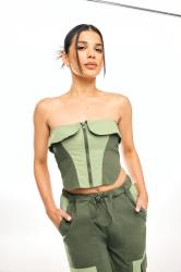 PixieGirl Petite Women's Khaki Green Colourblock Cotton Bandeau Corset Top | PixieGirl 1