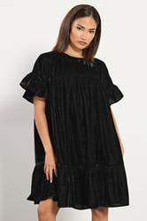 PixieGirl Petite Women's Black Velvet Frill Smock Mini Dress | PixieGirl 1