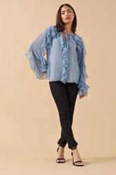 PixieGirl Petite Women's Blue Chiffon Frill Cotton Blouse | PixieGirl 1